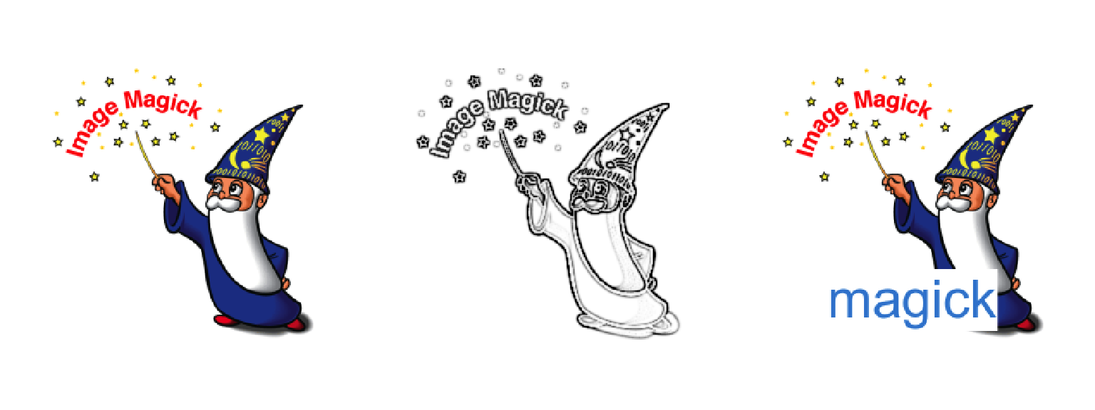 A three-panel strip of the ImageMagick wizard logo processed with the magick R package: the original, a charcoal-sketch filter, and a version annotated with the word magick.