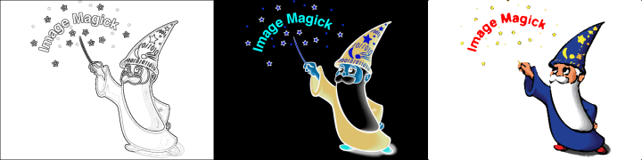 Three filtered versions of the wizard logo side by side: a charcoal sketch, a colour-inverted negative, and an oil-paint effect.