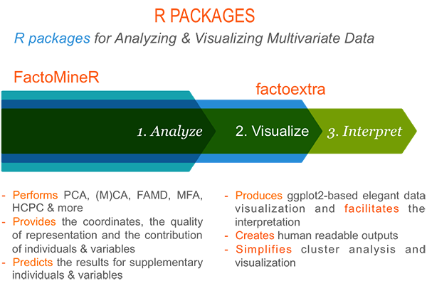 Key features of FactoMineR and factoextra for multivariate analysis