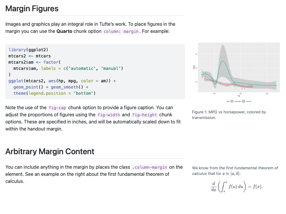 Captura de pantalla de dos secciones del post: Cifras de margen, que tiene un gráfico en el margen; y Arbitrary Margin Content, que tiene texto con una ecuación LaTeX en el margen.