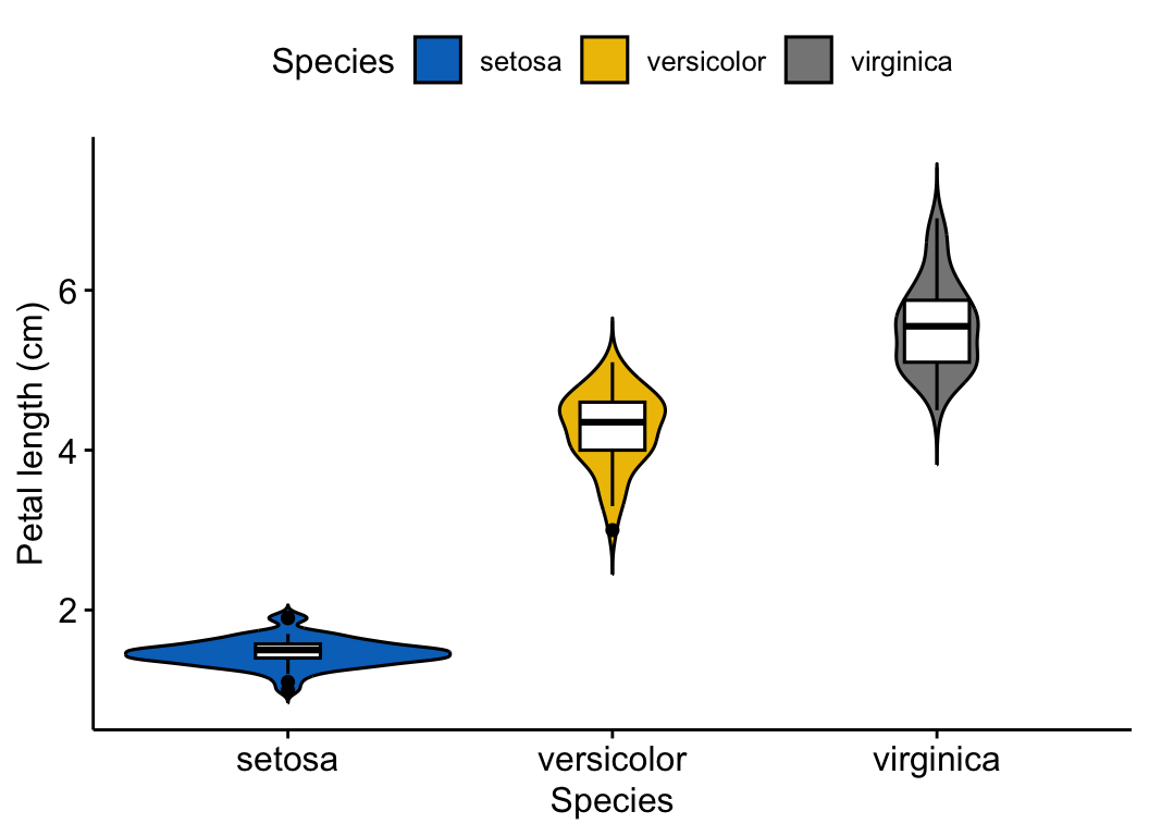 A violin plot of iris petal length by species drawn with ggpubr ggviolin, each violin filled in the jco palette with a narrow box plot inside showing the median.