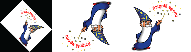 Three versions of the wizard logo side by side: rotated 45 degrees, flipped vertically, and flopped horizontally.