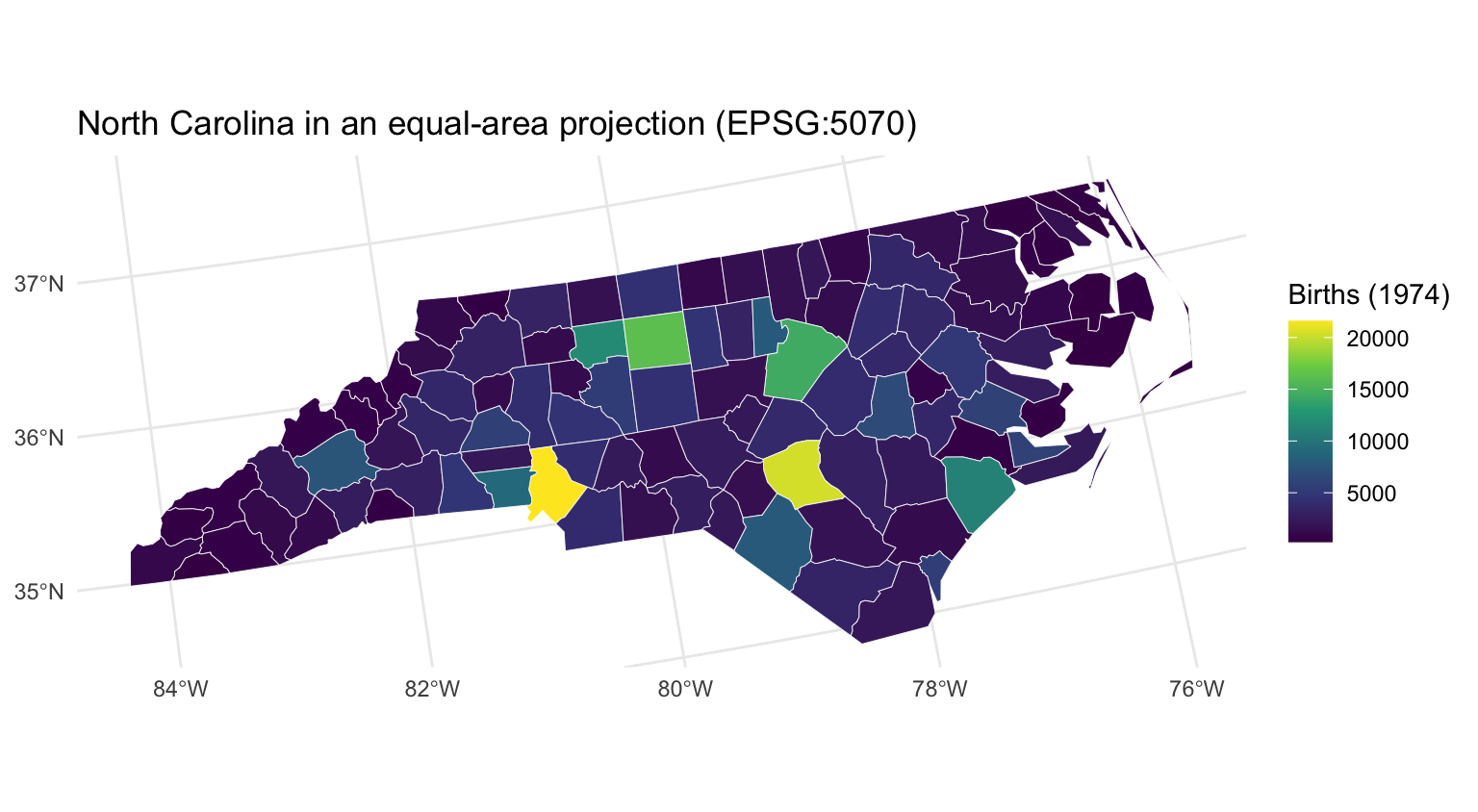 The North Carolina choropleth redrawn in the US Albers equal-area projection, giving the state a gently curved, area-true appearance compared with the flat lon/lat version.