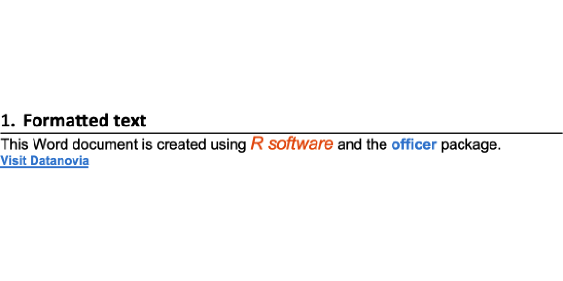 A rendered Word page showing a sentence with 'R software' in orange italics and 'officer' in blue bold, plus a blue underlined 'Visit Datanovia' hyperlink.