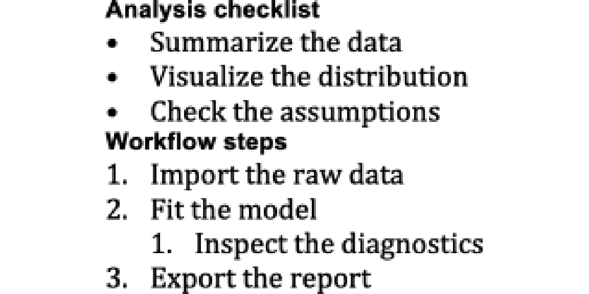A rendered Word page with a bold 'Analysis checklist' caption over a three-item bulleted list, then a bold 'Workflow steps' caption over a numbered list whose second item has a nested numbered sub-step.