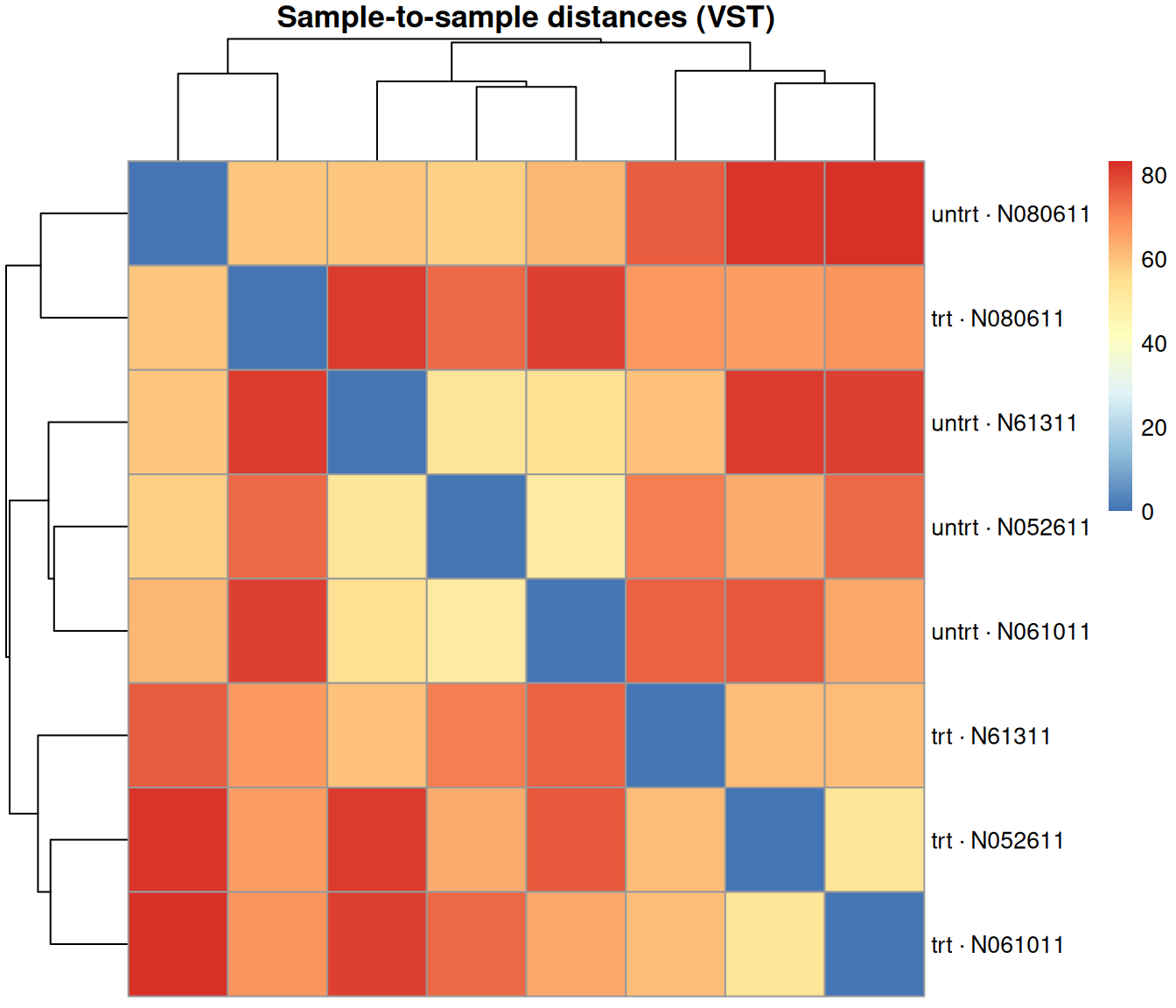 Heatmap of sample-to-sample distances on the variance-stabilized counts, with samples hierarchically clustered on both axes. Darker cells are more similar; one donor's two samples (N080611) cluster together and split off from the rest first, while treatment drives the split among the remaining samples.