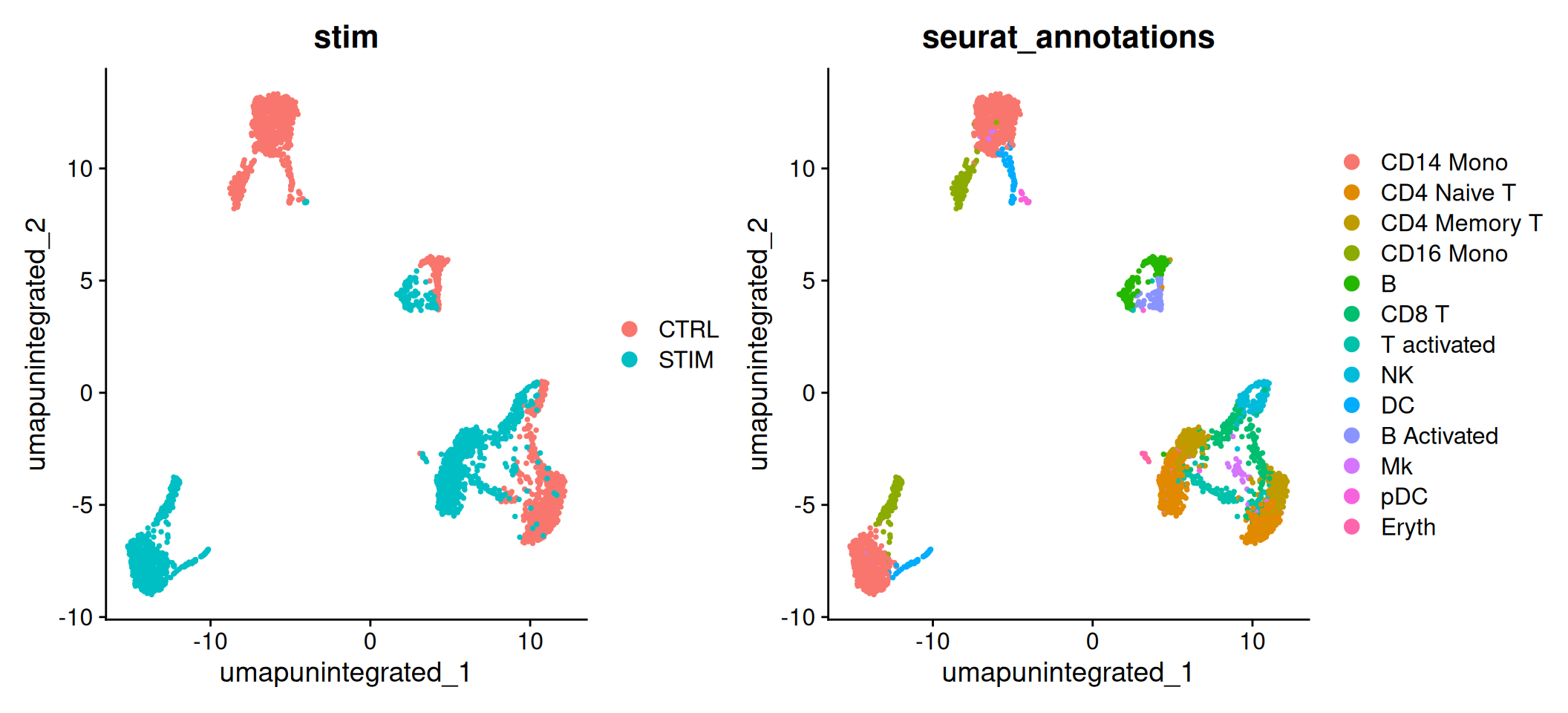 Two UMAP scatter plots of the same 3,000 unintegrated cells. Left, coloured by sample: the control cells (salmon-red) and the interferon-beta–stimulated cells (teal) occupy separate regions with little overlap. Right, coloured by published cell type: within each sample region the same cell types appear (monocytes, CD4 T, CD8 T, B, NK and others), so each cell type is drawn as two separate copies — one per sample. Together the panels show the split is driven by sample, not by biology.