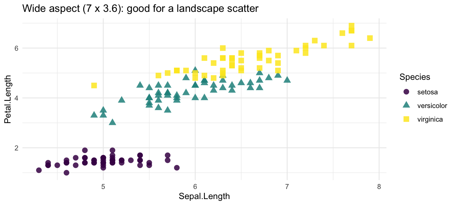 The iris scatter plot drawn on a wide, landscape canvas, emphasising the horizontal spread of the points.
