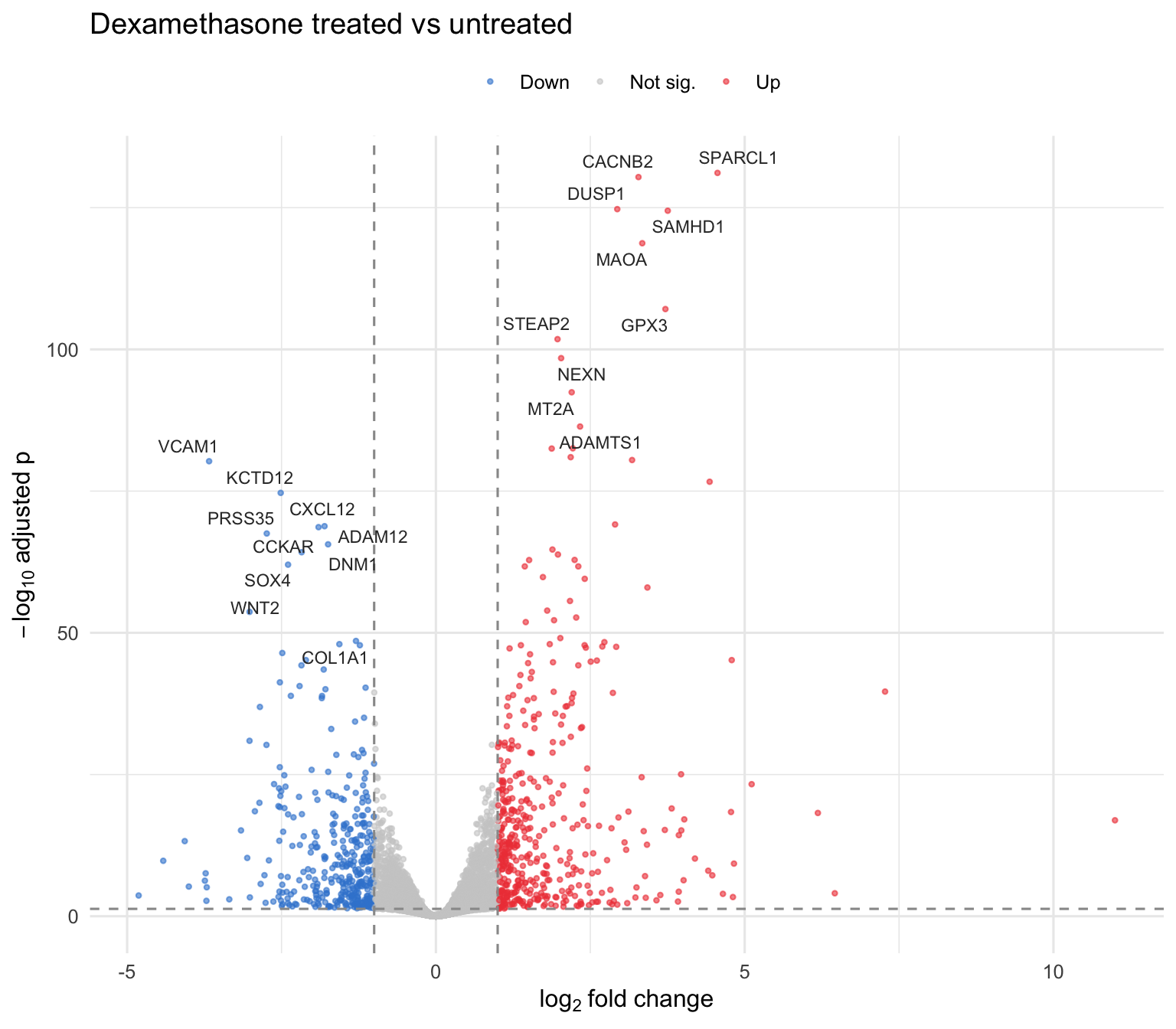 Volcano plot of dexamethasone treated versus untreated airway cells: log2 fold change on the x-axis, -log10 adjusted p-value on the y-axis. Non-significant genes sit grey near the centre; significant genes spread into the top-left (down, azure) and top-right (up, red) corners. The top 10 genes in each direction are labelled by ggrepel — induced genes such as SPARCL1, DUSP1 and SAMHD1 on the right, repressed genes such as VCAM1, CXCL12 and COL1A1 on the left.