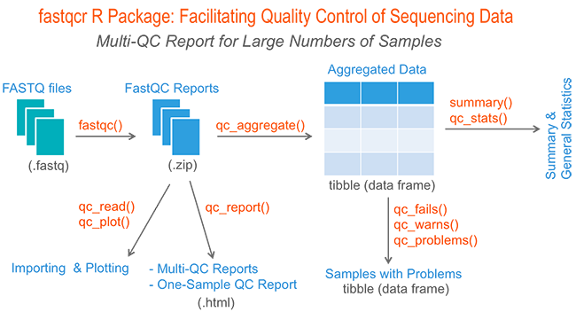 Diagram of the fastqcr package functions grouped into five stages: installing and running FastQC, aggregating and summarizing multiple reports, inspecting problems, importing and plotting reports, and building one-sample and multi-QC HTML reports.
