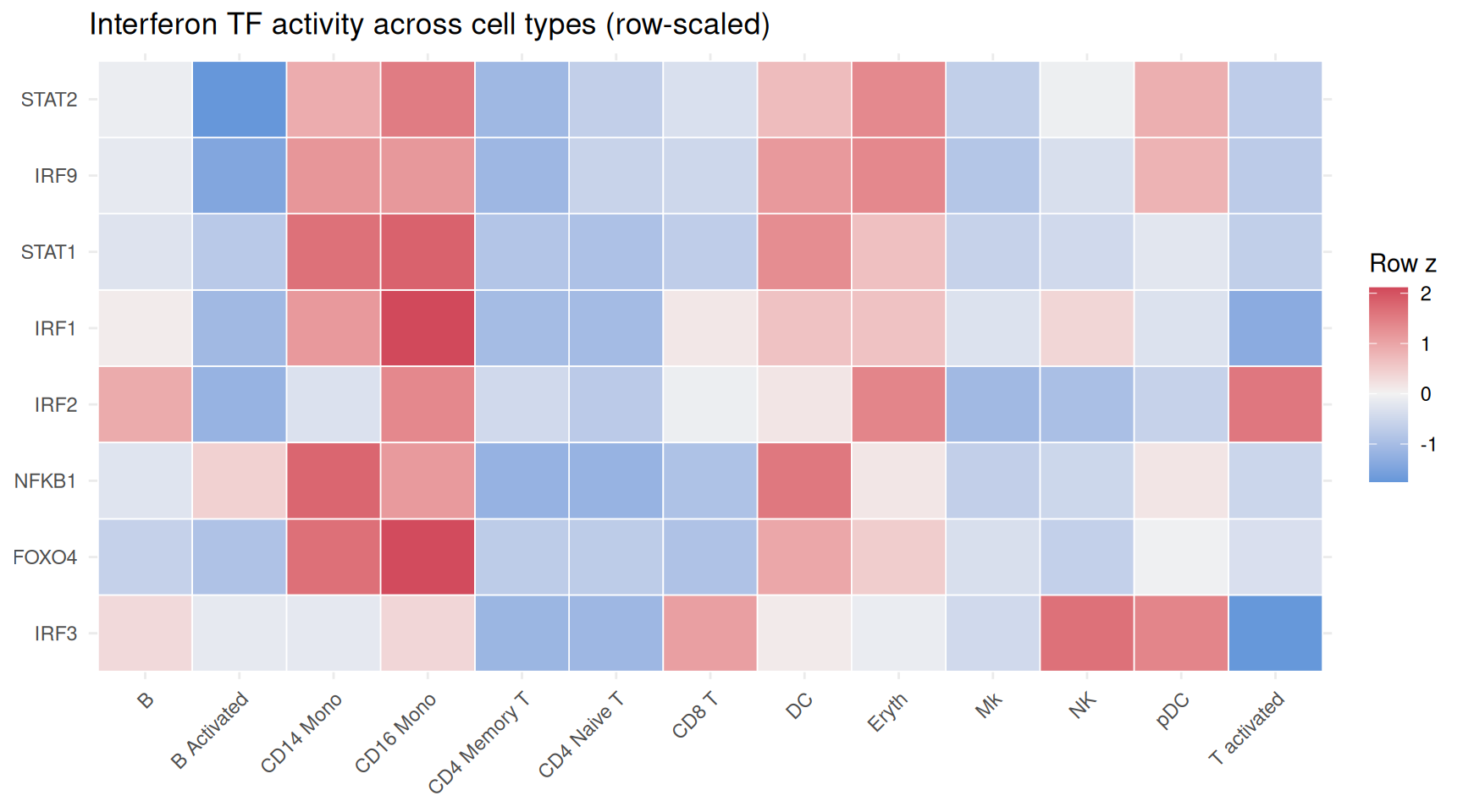 A heatmap of eight interferon transcription factors (rows: STAT2, IRF9, STAT1, IRF1, IRF2, NFKB1, FOXO4, IRF3) across 13 annotated PBMC cell types (columns), each row z-scored across cell types on a blue-to-red diverging scale. The interferon-TF rows are reddest (highest relative activity) over the myeloid cell types — CD14 and CD16 monocytes and dendritic cells — showing the interferon response peaks in the myeloid compartment.