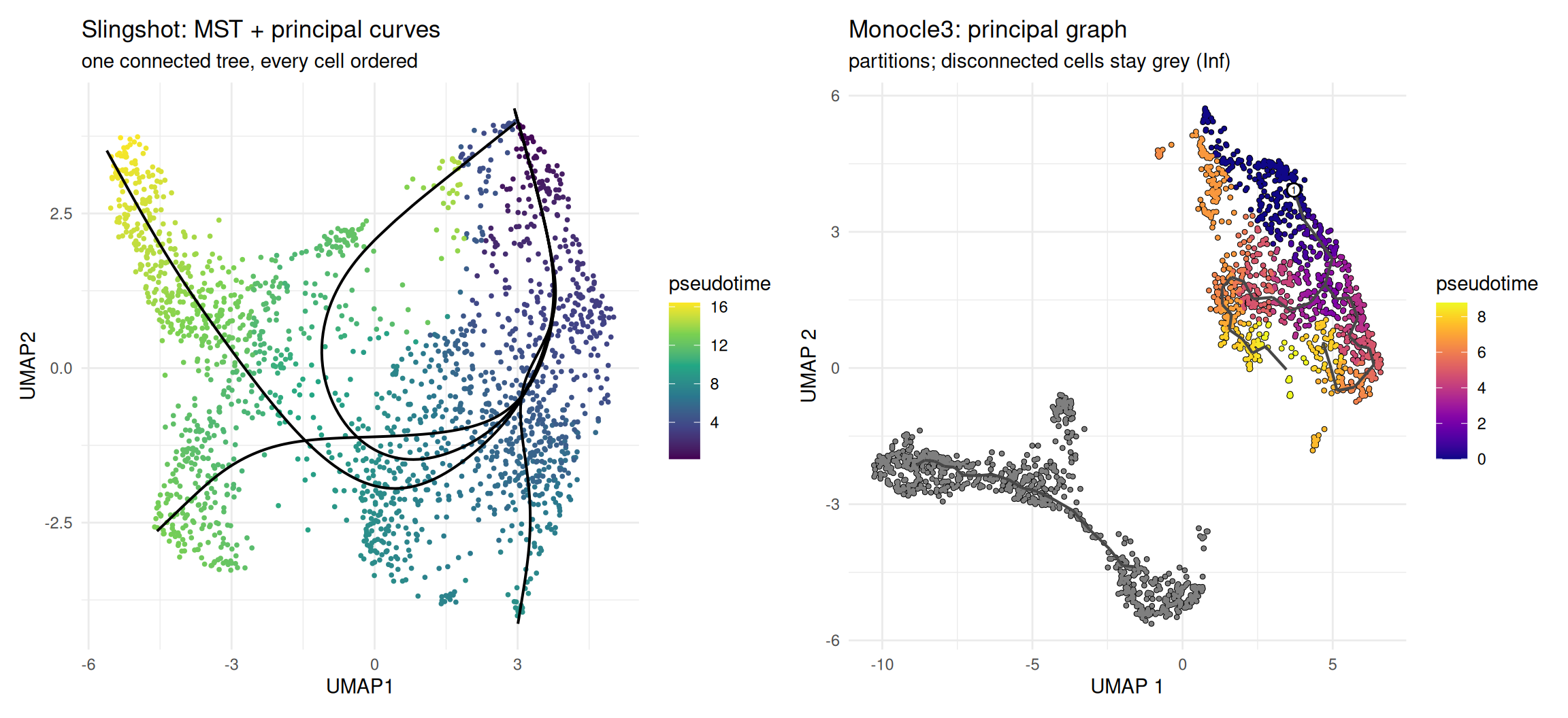 Two UMAP panels of the same 1,920 mouse blood stem and progenitor cells. Left panel, Slingshot: smooth principal curves drawn over the Seurat UMAP with every cell coloured by pseudotime on a dark-to-bright scale — one connected tree, no cell left out. Right panel, Monocle3: a principal graph of nodes and edges over Monocle3's own UMAP, one connected component rooted in the dark stem-cell region and brightening outward, while a separate block of cells stays grey because it is a disconnected partition with infinite pseudotime. The contrast shows Slingshot forcing all cells onto one continuum against Monocle3 honestly separating a disconnected group.
