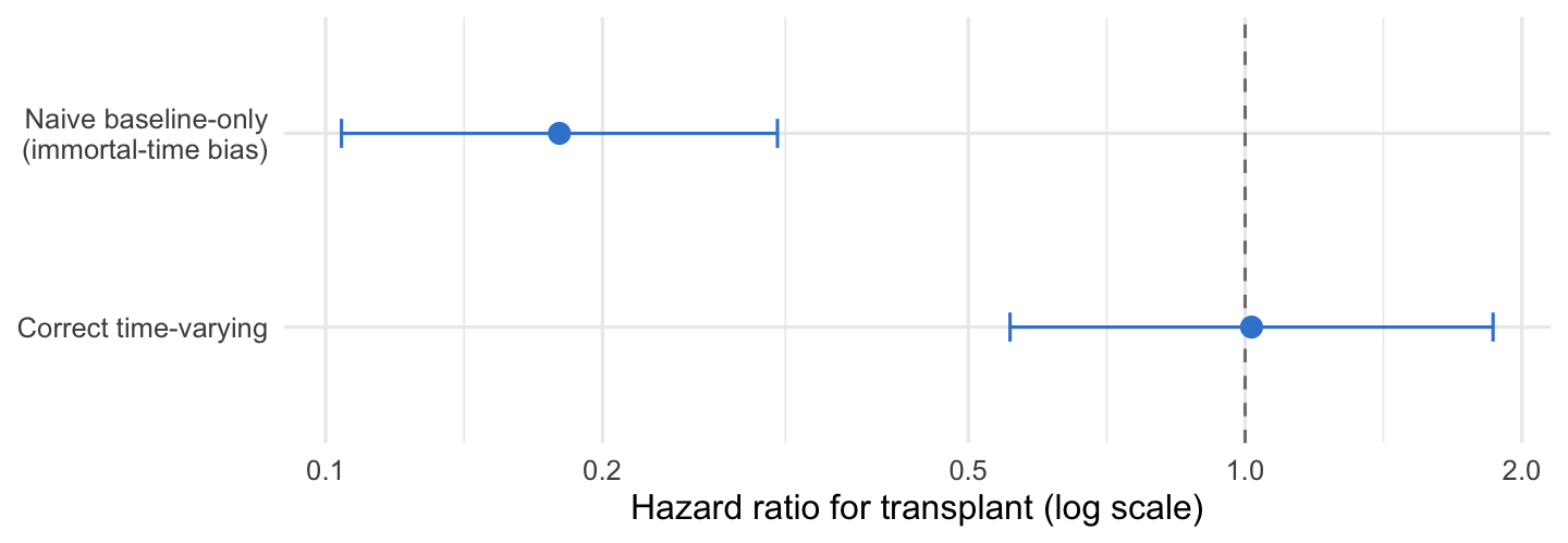A forest plot comparing the transplant hazard ratio from two models on the Stanford heart-transplant data. The naive baseline-only model sits far left of the reference line at 1 (hazard ratio about 0.18, a spuriously strong protective effect from immortal-time bias), while the correct time-varying model sits right on the line at hazard ratio about 1.0 (no effect). The contrast shows the bias the time-varying analysis removes.